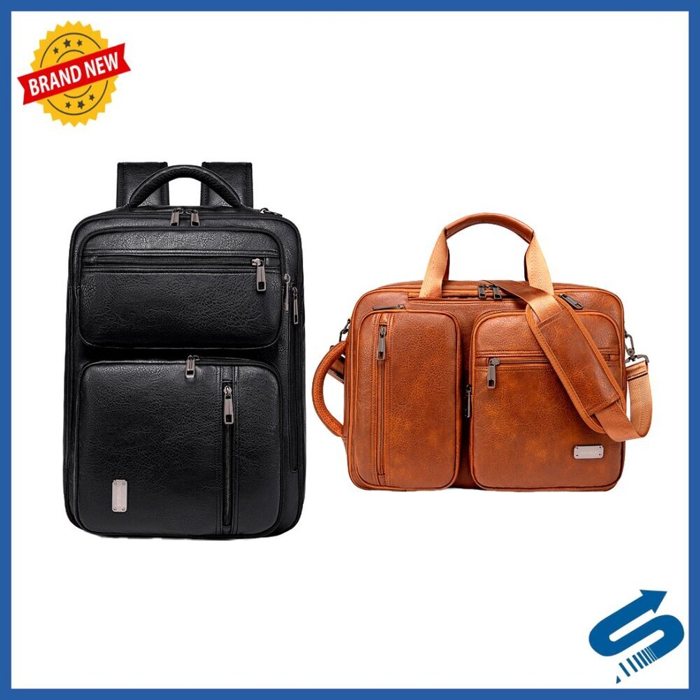 Vegan Leather Convertible Laptop Bag Expandable Backpack Briefcase Messenger - Picture 7 of 7